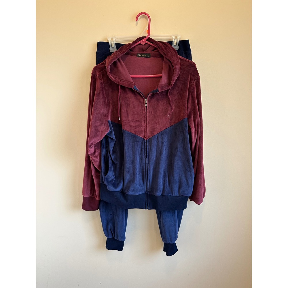 Vtg Tracksuit Velour 2 Pc Burgundy Navy Blue Colorblock Hoodie Joggers L #0051